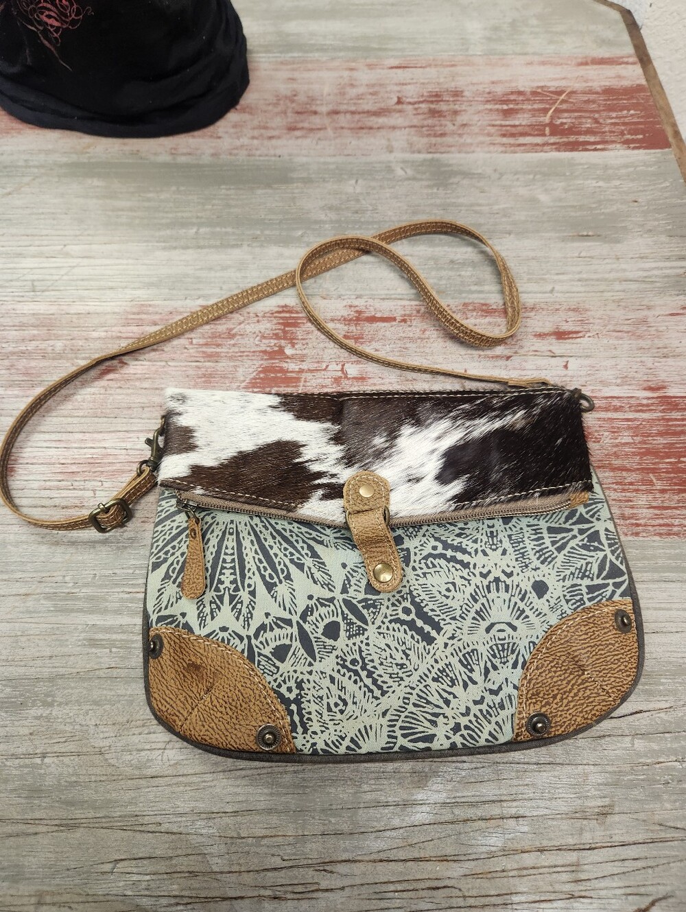 Myra Bag Macey Flap Over Upcycled Canvas & Cowhide Leather Crossbody Bag Purse